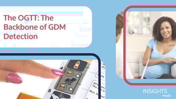 The image shows a pregnant woman talking to her midwife, as well as the GTT@home test device.